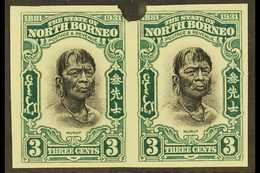 7297 1931 IMPERF PLATE PROOFS. 1931 3c Black & Blue-green 'Head Of A Murut' (SG 295) Horizontal IMPERF PLATE PROOF PAIR - North Borneo (...-1963)