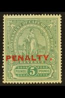 7655 CAPE OF GOOD HOPE REVENUE - 1911 £5 Green & Green, Standing Hope Ovptd "PENALTY" Barefoot 11, Couple Of Vertical Cr - Unclassified