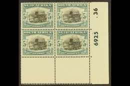 7778 1947-54 5s Black & Pale Blue-green, Cylinder 6925 36 Block Of 4 With "Rain" Variety, SG 122, Hinged On Top Pair, Lo - Unclassified