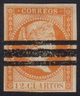 7875 1859 UNISSUED. 1859 12c Orange Isabel II, Edifil NE1AS, With 4 Margins, Full Gum & Roller Remainder Cancel. For Mor - Other & Unclassified