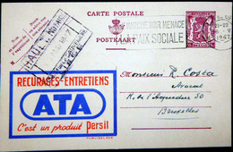 BELGIQUE  CARTE POSTALE PUBLICITAIRE ILLUSTREE RECURAGES ATA ENTIER POSTAL 1947  CACHETS ET FLAMME MARCHE NOIR - Collections & Lots