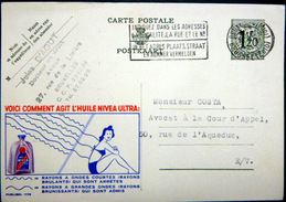 BELGIQUE CARTE POSTALE PUBLICITAIRE ILLUSTREE NIVEA HUILE SOLAIRE COSMETIQUE   ENTIER POSTAL 1953 CACHETS  FLAMME - Verzamelingen & Kavels