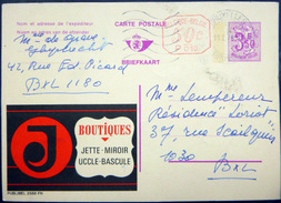 BELGIQUE CARTE POSTALE PUBLICITAIRE ILLUSTREE J BOUTIQUES MIROIR GLACE  ENTIER POSTAL 1974 CACHETS  FLAMME - Collections & Lots