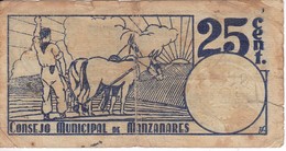 BILLETE DE 25 CENTIMOS DEL CONSEJO MUNICIPAL DE MANZANARES DEL AÑO 1937 CON SELLO SECO      (BANKNOTE) - Andere & Zonder Classificatie