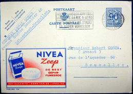 BELGIQUE CARTE POSTALE PUBLICITAIRE ILLUSTREE CREME NIVEA ZEEP COSMETIQUE   ENTIER POSTAL 1952 CACHETS  FLAMME - Verzamelingen & Kavels