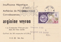 MONACO  :  Pleumeur-Bodou Sur Carte Telstar . Pub Argine Veyron CaD De 1965 - Covers & Documents