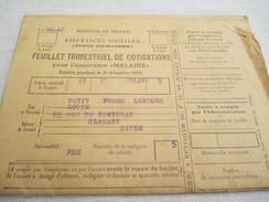 Feuillet Trimestriel De Cotisations Pour L'Assurance "Maladie"/Ministère Du Travail/1935   AEC91 - Non Classés