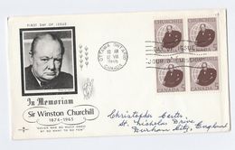 1965 CANADA FDC Winston CHURCHILL  Block 4 X 5c Stamps Cover To GB - 1961-1970