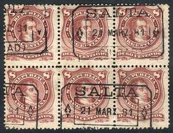 ARGENTINA GJ.54, Spectacular Block Of 6 With Rectangular Datestamps Of SALTA Fo - Andere & Zonder Classificatie