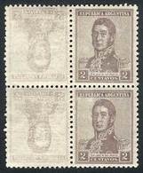 ARGENTINA GJ.459, 1918 2c. San Martín Unwatermarked, Block Of 4, 2 Stamps Faint - Andere & Zonder Classificatie