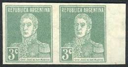 ARGENTINA GJ.597P, 1924 3c. San Martín W/o Period, IMPERFORATE PAIR, Rare! - Andere & Zonder Classificatie