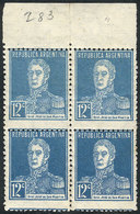ARGENTINA GJ.616, 12c. San Martín Printed On RIBBED PAPER, Marginal Block Of 4, - Autres & Non Classés