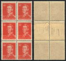 ARGENTINA GJ.1041, 1954/7 40c. San Martín, Block Of 6 With PAPER OVERLAP Variet - Andere & Zonder Classificatie