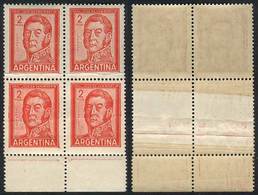 ARGENTINA GJ.1132, 1959 2P. San Martín, Block Of 4 With PAPER OVERLAP Variety, - Andere & Zonder Classificatie