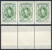 ARGENTINA GJ.1534, 1970/3 90c. San Martín, Strip Of 3 With PAPER OVERLAP Variet - Andere & Zonder Classificatie