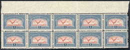 ARGENTINA GJ.650, 1928 1P., Block Of 10 With Complete DOUBLE PERFORATION Var., - Poste Aérienne
