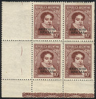 ARGENTINA GJ.662CZ, Rivadavia 10c. Unwatermarked, Thick Canadian Paper, Block O - Officials