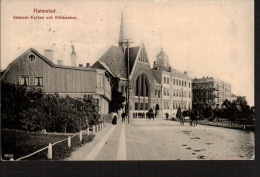 DD1924 SWEDEN HALMSTAD IMANUEL KYRKAN OCH RIKSBANKEN CHURCH POSTCARD - Sweden