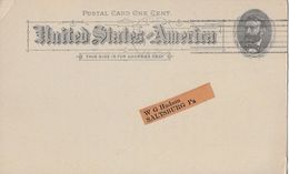 1892 POSTAL CARD ONE CENT → W.G. Hudson SALTSBURG Pennsylvania  ►RRR◄ - ...-1900