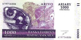 MADAGASCAR 1000 ARIARY-5000 FRANCS PURPLE ANIMAL LEMUR FRONT PLANT BACK DATED 2004 P89 UNC READ DESCRIPTION - Madagascar