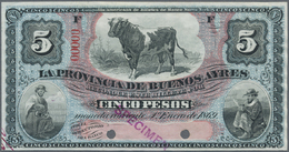 00046 Argentina / Argentinien:  Provincia De Buenos Ayres 5 Pesos 1869 SPECIMEN In Light Blue And Salmon Color, P.S483s, - Argentina