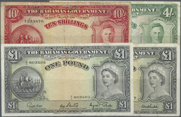 00215 Bahamas: Set Of 4 Notes Containing 10 Shillings Portrait KGVI, 4 Shillings Portrait KGVI And 2x 1 Pound Portrait Q - Bahamas