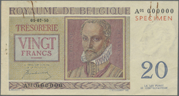 00285 Belgium / Belgien: 20 Francs 1950 Specimen P. 132as, A Rarely Seen Specimen Note With Red Overprint At Upper Right - [ 1] …-1830 : Prima Dell'Indipendenza