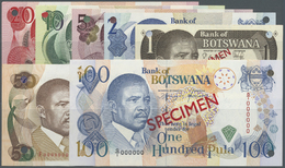 00329 Botswana: Set Of 7 Specimen Notes Containing 1-20 Pula P. 6s-10s, 50 Pula P. 14s And 100 Pula P. 15s, All In Condi - Botswana