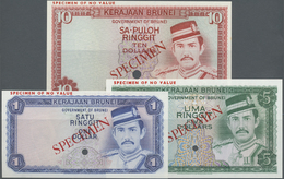 00356 Brunei: Set Of 3 Specimen Banknotes 1, 5 And 10 Ringgit ND P. 6s-8s In Condition: UNC. (3 Pcs) - Brunei