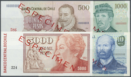 00544 Chile: Set Of 4 Specimen Banknotes Containing 500 Pesos 1977 P. 153s, 100 Pesos 1978 P. 154s, 5000 Pesos 1993 P. 1 - Cile