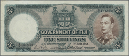 00765 Fiji: 5 Shillings 1951 P. 37k, Light Folds In Paper, Pressed, Still Strongness In Paper And Nice Colors, No Holes - Fidji