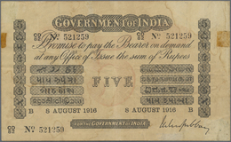 01036 India / Indien: Government Of India 5 Rupees 1916 P. A6, Used With Folds, Faded Print On Front, Soiled Paper, Pinh - Inde