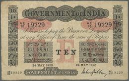 01041 India / Indien: Government Of India 10 Rupees 1920 P. A10, Used With Folds And Stain In Paper, Small Holes, No Rep - Inde