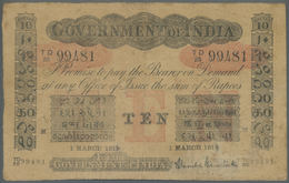 01047 India / Indien: Government Of India 10 Rupees 1912 P. A10, Stronger Used With Stained Paper And Faded Print, Small - Inde