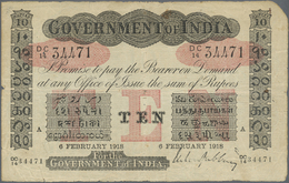 01048 India / Indien: Government Of India 10 Rupees 1918, Rare ALLAHABAD Issue, Used With Folds And Creases, Several Hol - India