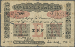 01051 India / Indien: Governtment Of India 10 Rupees 1918 MADRAS Issue P. A10, Used With Folds, Light Stain, Some Holes - Inde