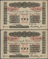 01052 India / Indien: Highly Rare Set Of 2 CONSECUTIVE Notes 10 Rupees 1918 MADRAS Issue P. A10, With Serial Numbers #73 - India