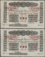 01053 India / Indien: Highly Rare Set Of 2 Consecutive Notes 10 Rupees 1918 RANGOON Issue P. A10 In Similar Condition, O - India