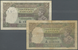 01095 India / Indien: Set Of 2 Notes 5 Rupees P. 18a, B, Both Used With Folds And Stains In Paper, Usual Pinholes, No Re - India