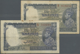 01100 India / Indien: Set Of 2 Notes 10 Rupees P. 19a, Both Used With Folds And Stains In Paper, Usual Pinholes At The F - India