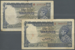 01102 India / Indien: Set Of 2 Notes 10 Rupees P. 19a, B, Both Used With Folds And Stains In Paper, Usual Pinholes, No R - India