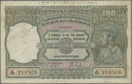 01103 India / Indien: 100 Rupees ND(1937-43) BOMBAY Issue P. 20a, Used With Folds, Pinholes, Stain In Paper, Pen Writing - India