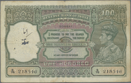 01106 India / Indien: 100 Rupees ND(1937-43) BOMBAY Issue P. 20c, With Watermark Facing KGVI Portrait, Used Condition Wi - India