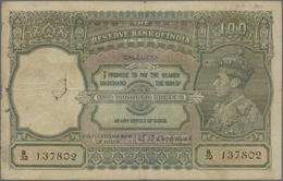 01107 India / Indien: 100 Rupees ND(1937-43) CALCUTTA  Issue P. 20d, Used With Larger Hole In Watermark Area, Larger Pin - India