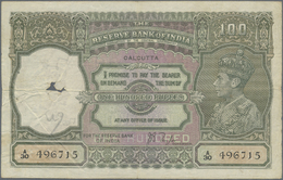 01110 India / Indien: 100 Rupees ND(1937-43) CALCUTTA  Issue P. 20e, Used With Folds, Larger Hole In Watermark Area, Tin - India