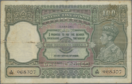 01115 India / Indien: 100 Rupees ND(1937-43) KRACHI Issue P. 20k,  Used With Strong Vertical And Horizontal Folds, Causi - India