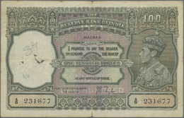 01117 India / Indien: 100 Rupees ND(1937-43) MADRAS Issue P. 20n, Used With Folds, The Usual Hole In Watermark Area, Wri - India