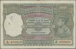 01118 India / Indien: 100 Rupees ND(1937-43) MADRAS Issue P. 20o, Used With Folds, 3 Larger Pinholes At Left, Small Writ - India
