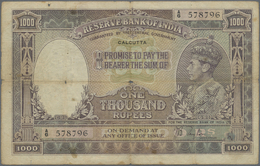 01124 India / Indien: 1000 Rupees ND(1937) P. 21b CALCUTTA Issue, Used Note With Vertical And Horizontal Folds, Stained - India