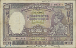 01125 India / Indien: 1000 Rupees ND(1937) CALCUTTA ISSUE P. 21b, Vertical And Horizontal Folds, Writings At Borders, Sm - India